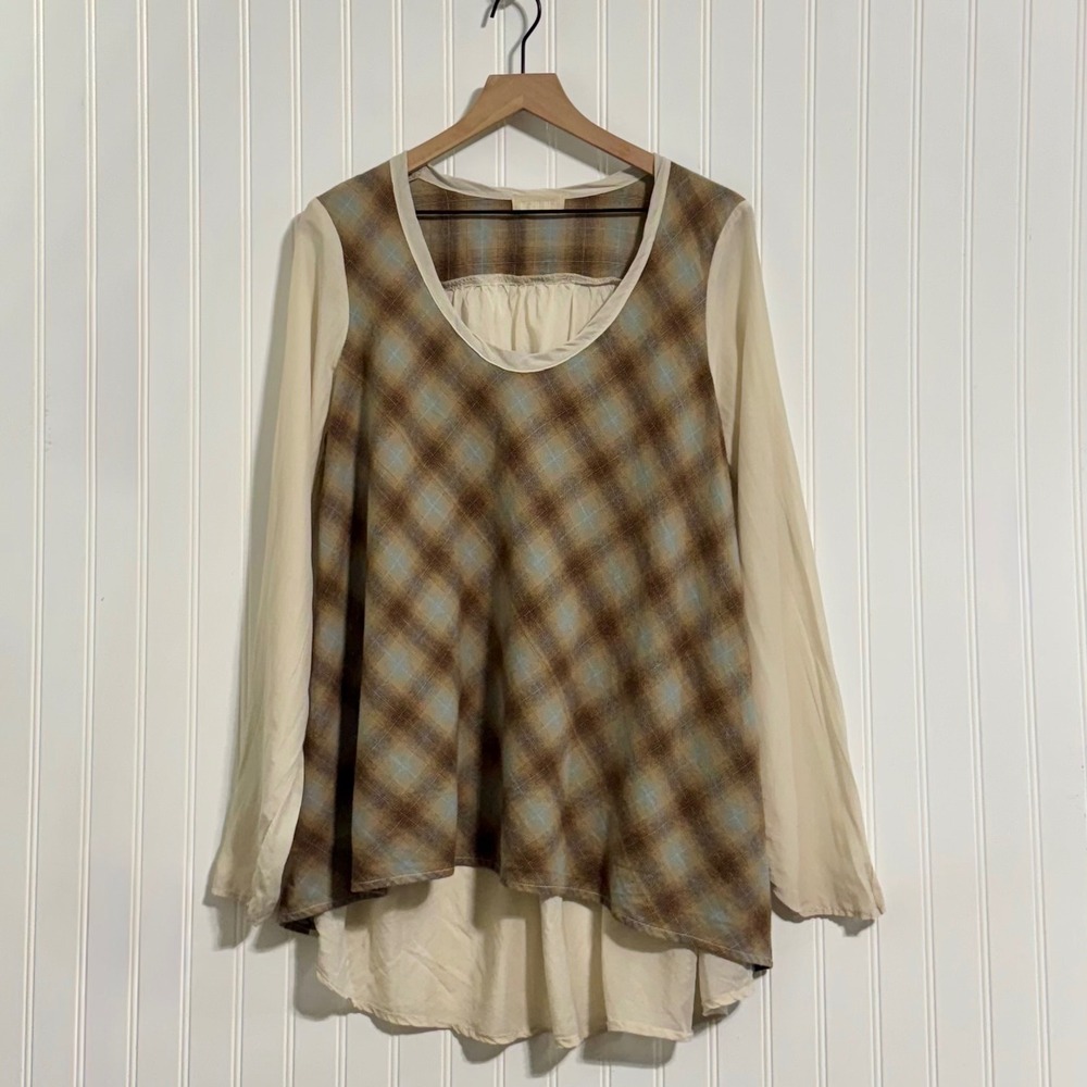 CP Shades Plaid Cotton‎ Silk Mixed Media Blouse High Low Hem Made in USA Large